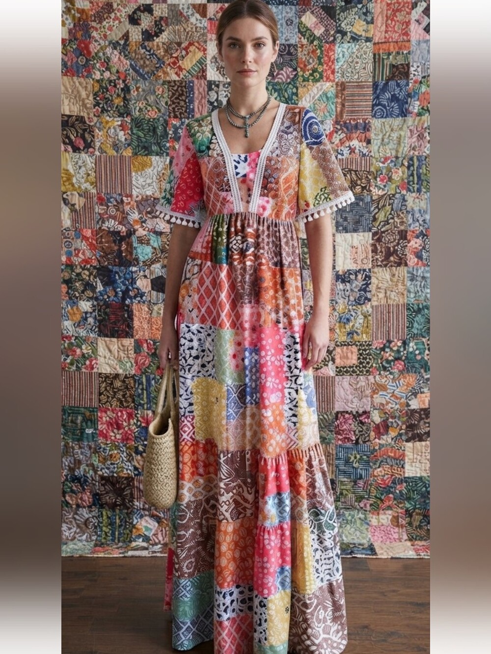 Boho Patchwork Maxi Dress in Pink Multi